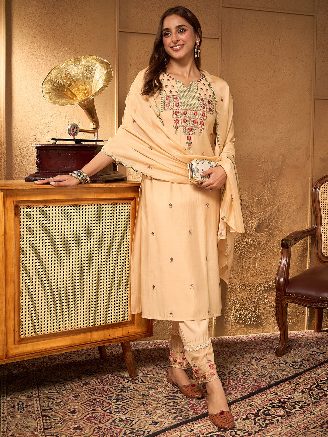 Janasya Women's Beige Chanderi Silk Floral Embroidered Straight Kurta Set
