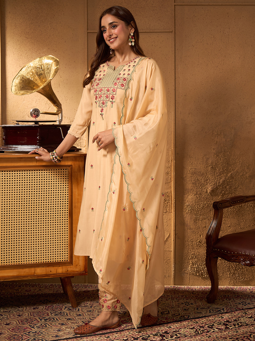 Janasya Women's Beige Chanderi Silk Floral Embroidered Straight Kurta Set