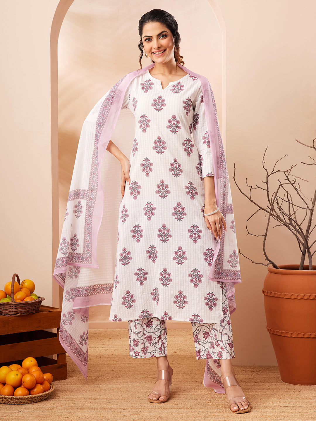 Janasya Women's Off White Pure Cotton Floral Printed Straight Kurta Set