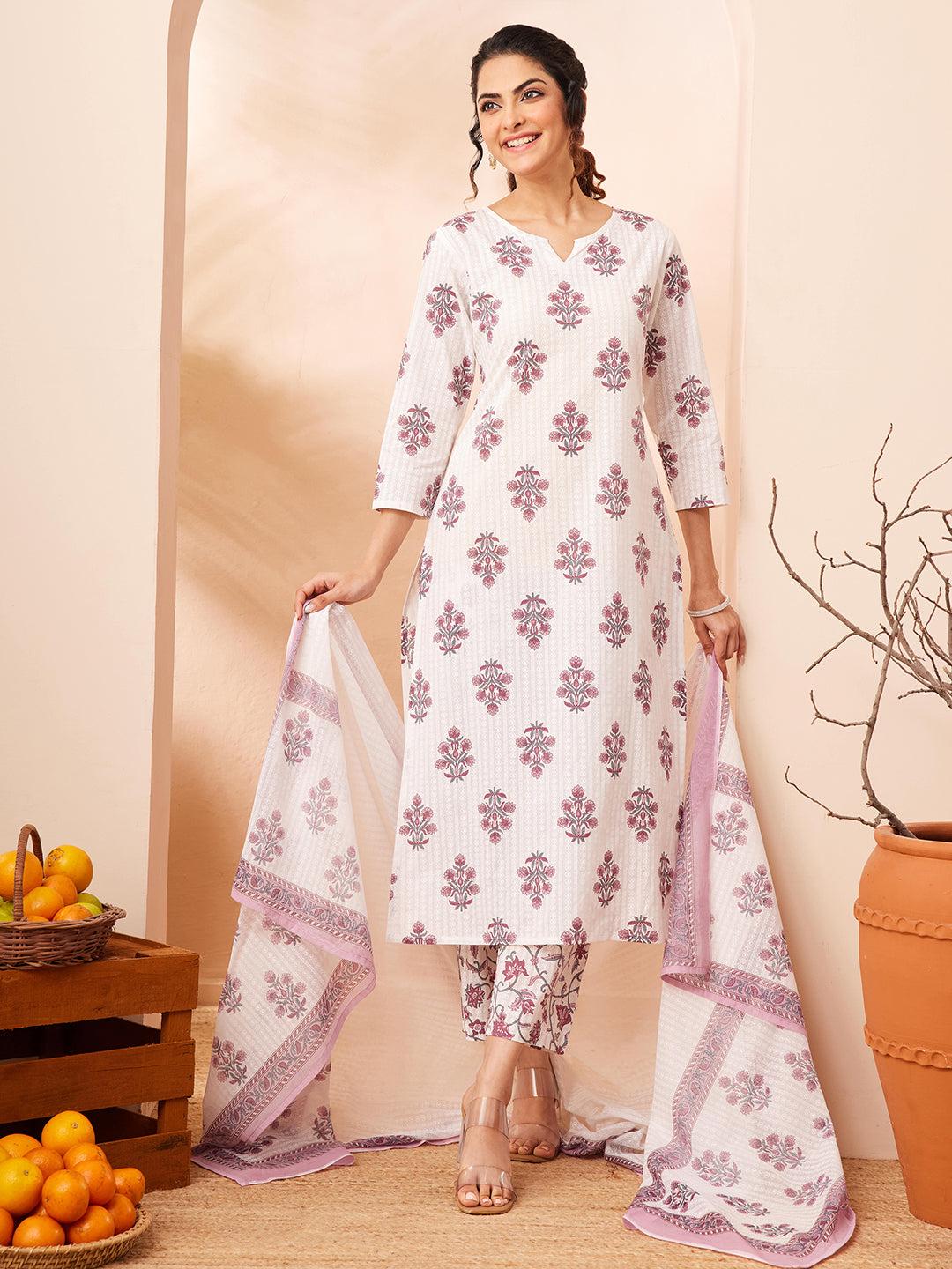 Janasya Women's Off White Pure Cotton Floral Printed Straight Kurta Set