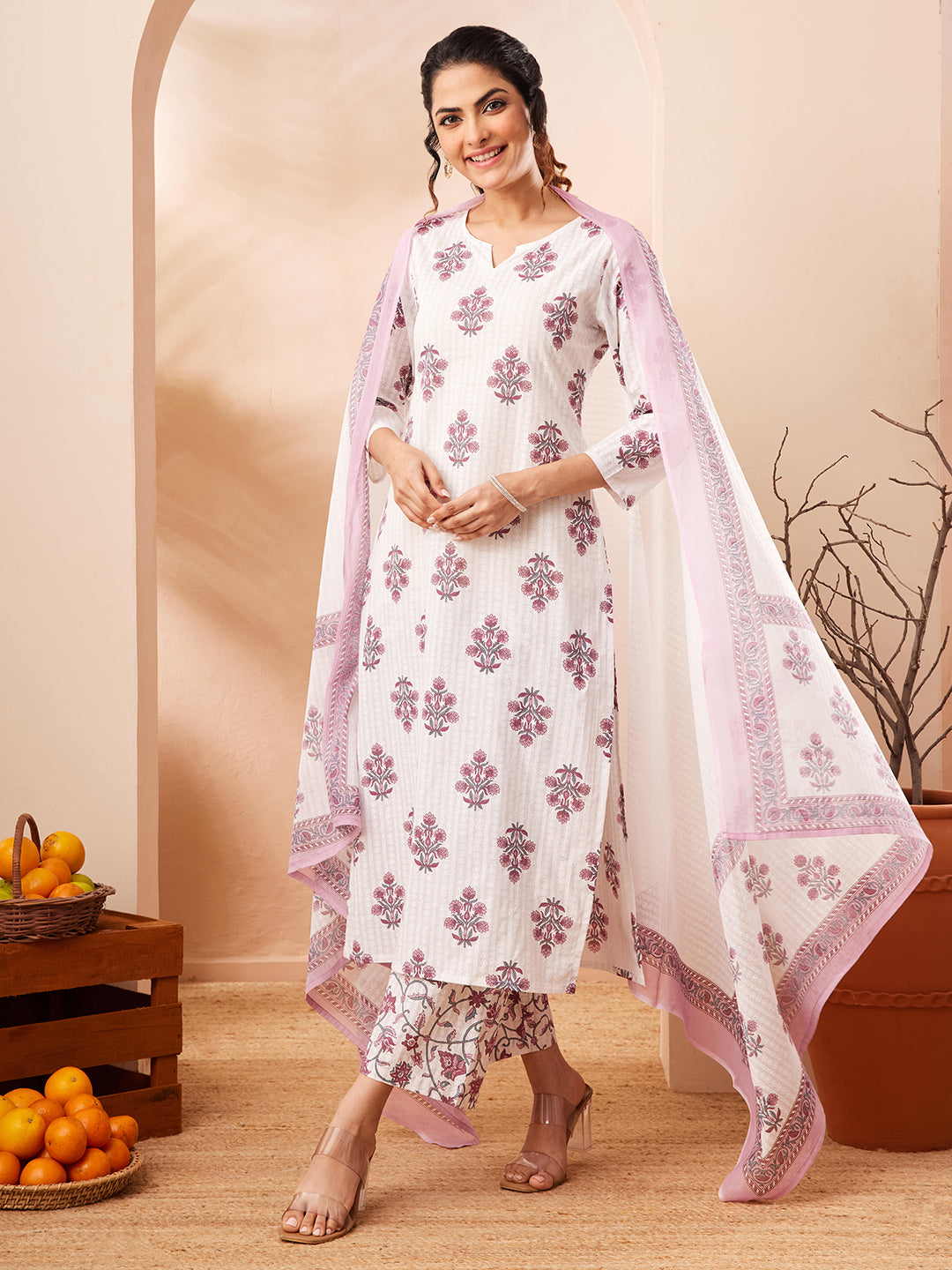 Janasya Women's Off White Pure Cotton Floral Printed Straight Kurta Set