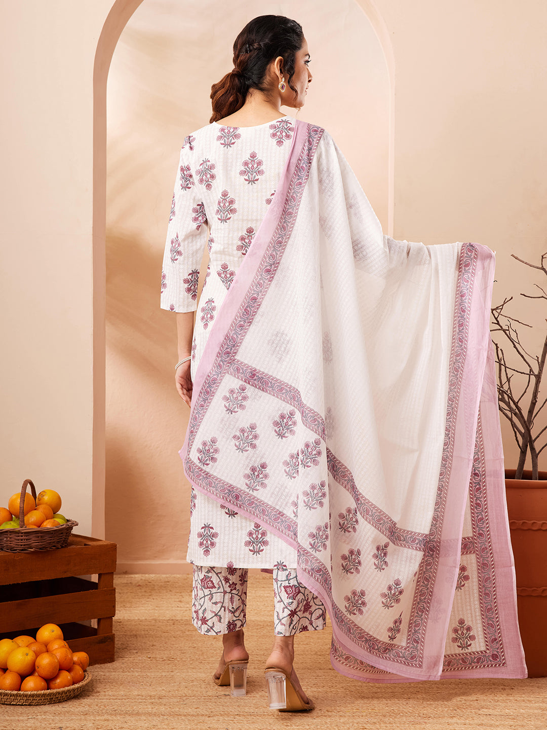 Janasya Women's Off White Pure Cotton Floral Printed Straight Kurta Set