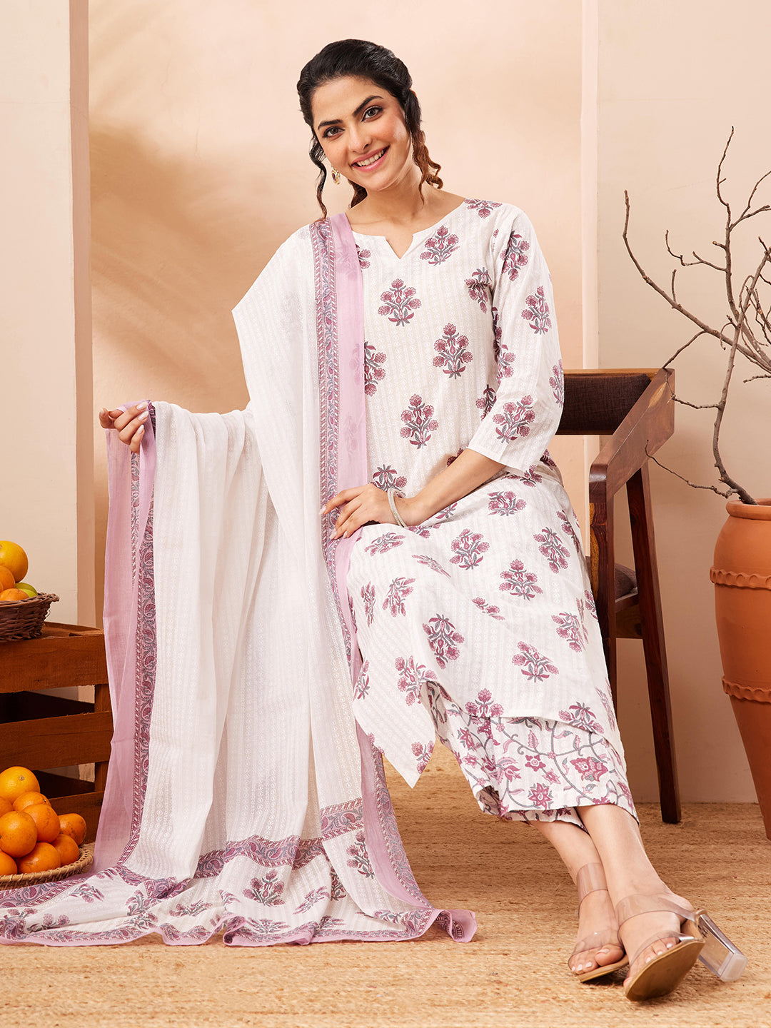 Janasya Women's Off White Pure Cotton Floral Printed Straight Kurta Set