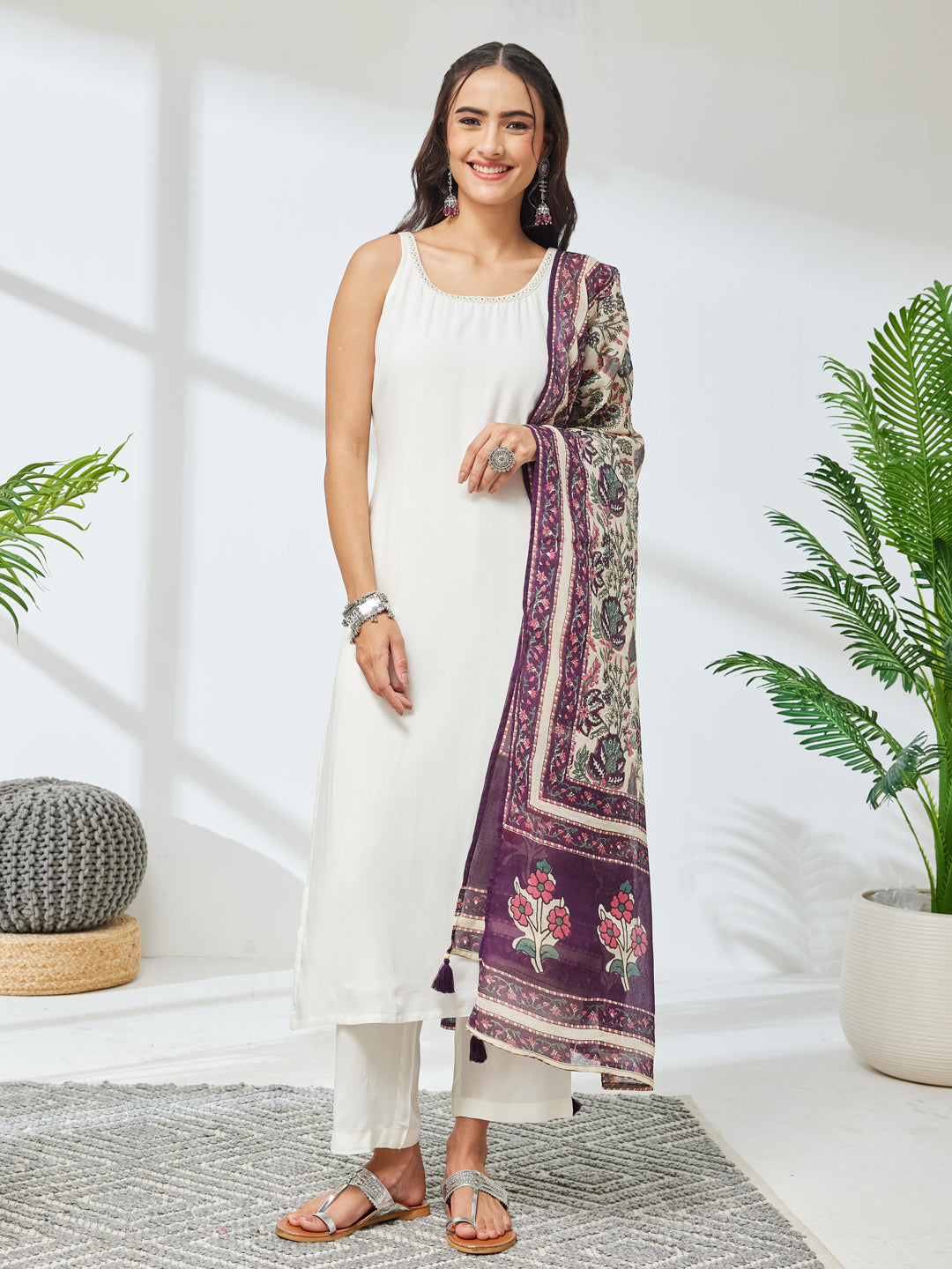 Janasya Women's Off White Rayon Solid Straight Kurta Set with Printed Dupatta