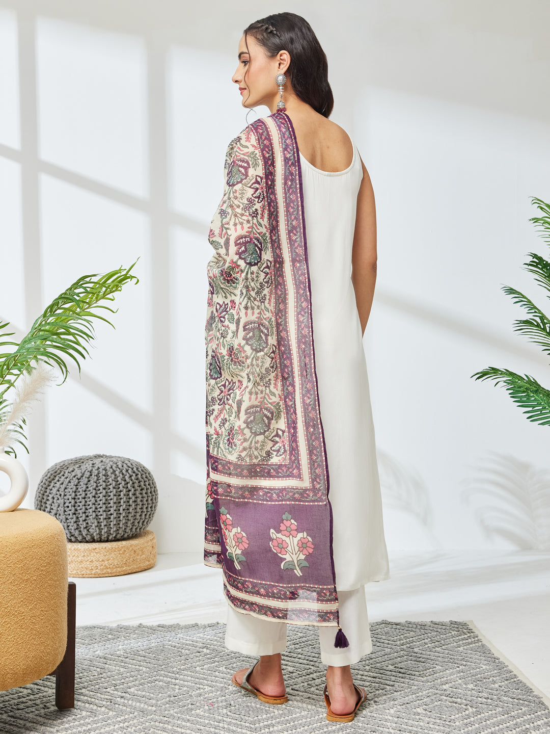 Janasya Women's Off White Rayon Solid Straight Kurta Set with Printed Dupatta