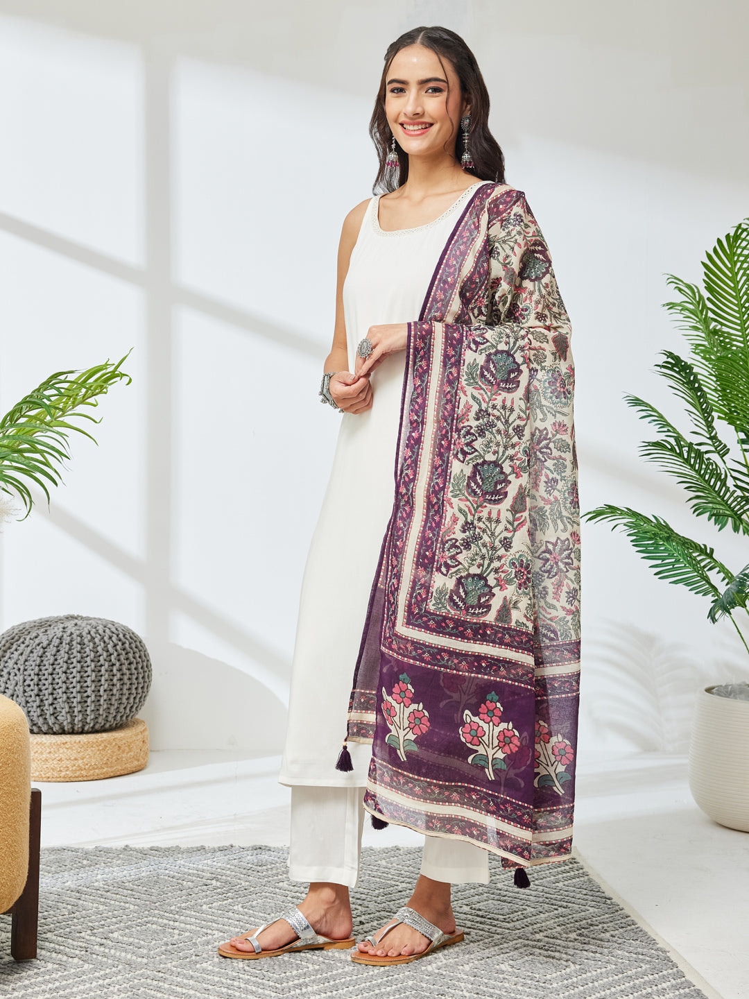 Janasya Women's Off White Rayon Solid Straight Kurta Set with Printed Dupatta