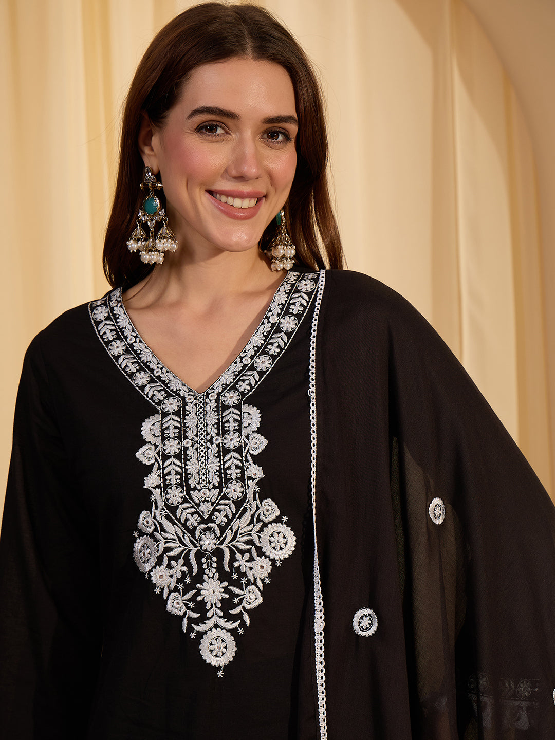 Janasya Women's Black Pure Cotton Floral Embroidered Straight Kurta Set