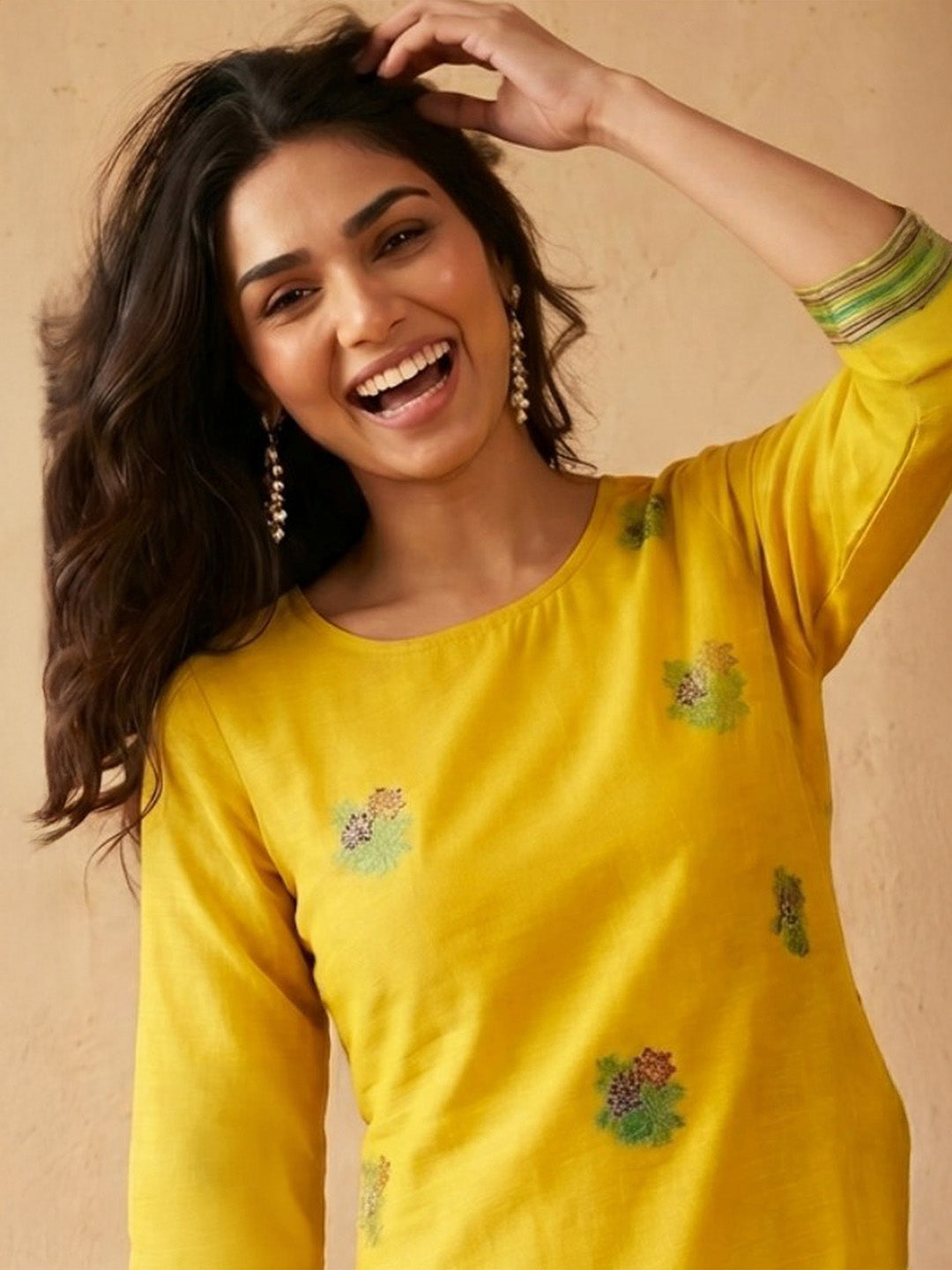 Janasya Women's Yellow Chanderi Cotton Jacquard Floral Woven Straight Kurta Set