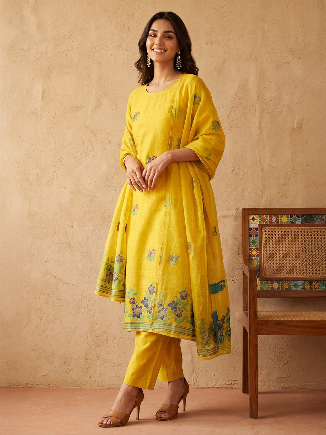 Janasya Women's Yellow Chanderi Cotton Jacquard Floral Woven Straight Kurta Set