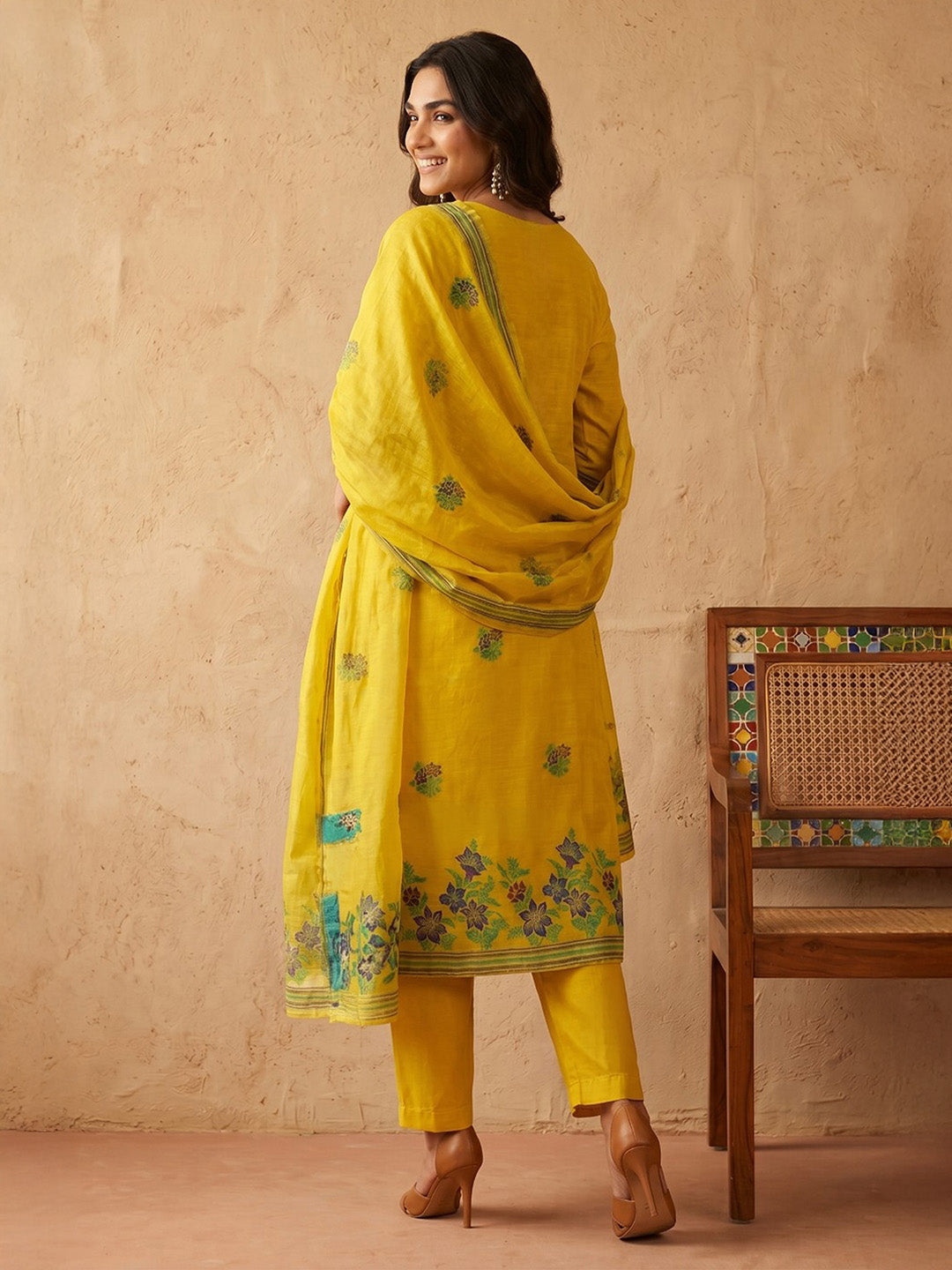 Janasya Women's Yellow Chanderi Cotton Jacquard Floral Woven Straight Kurta Set