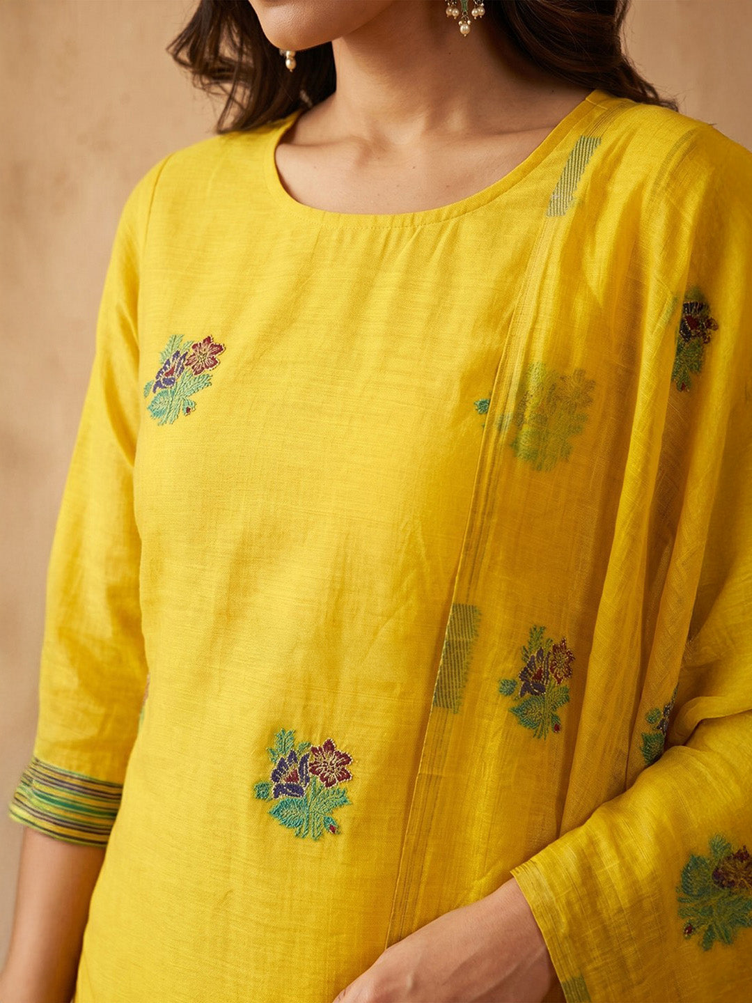Janasya Women's Yellow Chanderi Cotton Jacquard Floral Woven Straight Kurta Set