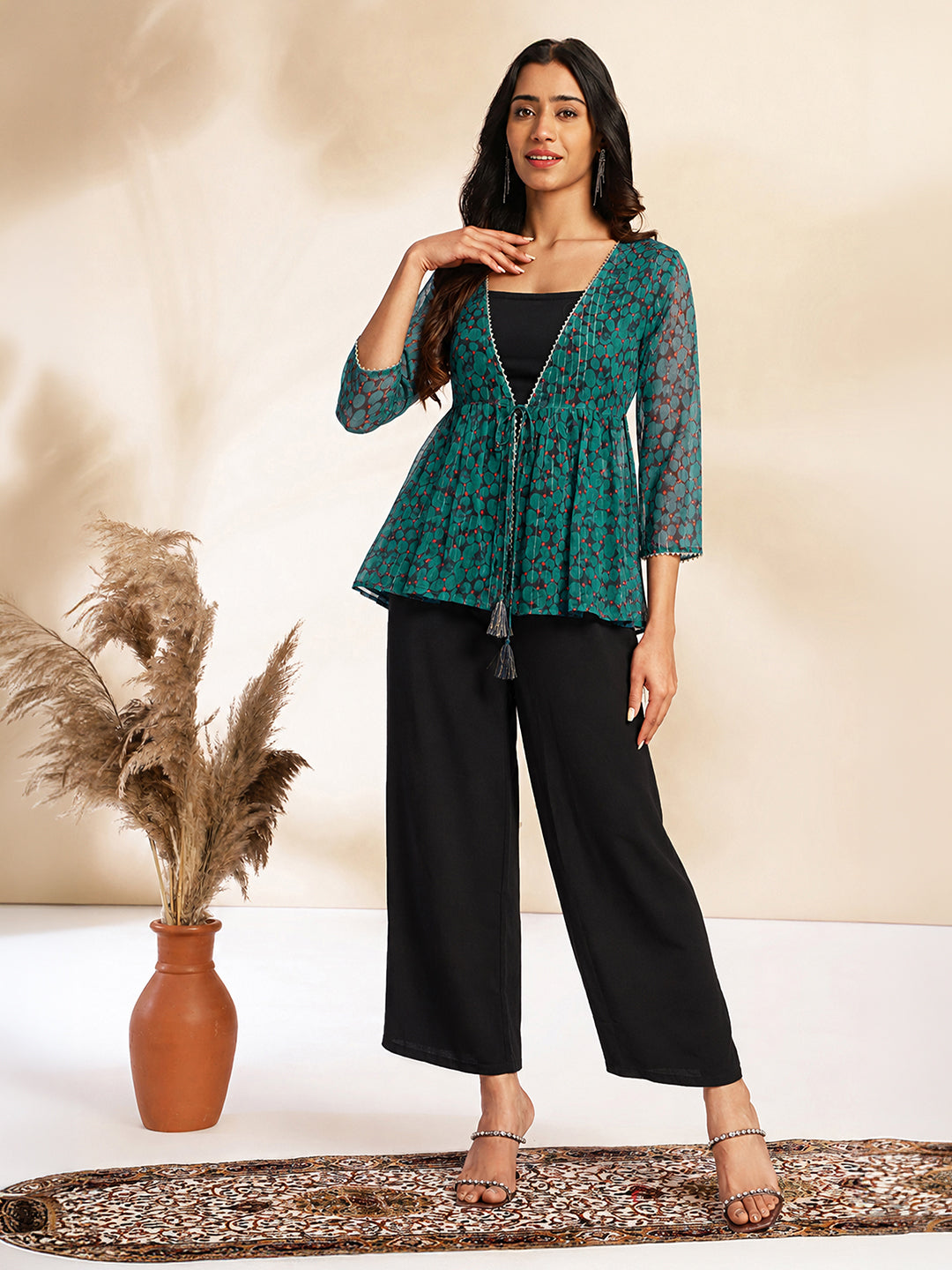 Janasya Women's Navy Blue Chiffon Solid Shoulder Strap Crop Top with Trouser & Floral Printed Shrug