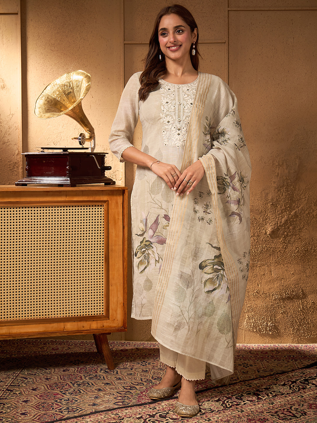 Janasya Women's Mint Green Cotton Linen Floral Embroidered Straight Kurta Set
