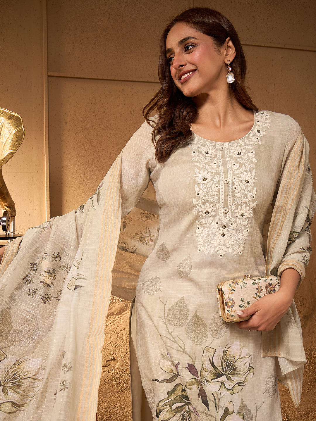Janasya Women's Mint Green Cotton Linen Floral Embroidered Straight Kurta Set