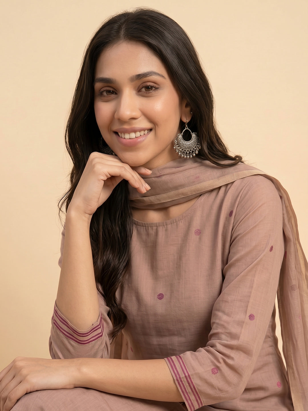 Janasya Women's Dusty Pink Chanderi Cotton Jacquard Floral Woven Straight Kurta Set