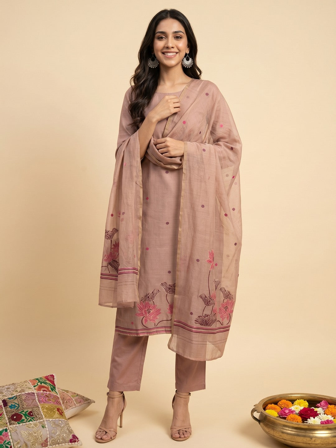Janasya Women's Dusty Pink Chanderi Cotton Jacquard Floral Woven Straight Kurta Set