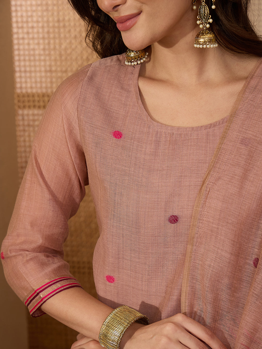 Janasya Women's Dusty Pink Chanderi Cotton Jacquard Floral Woven Straight Kurta Set