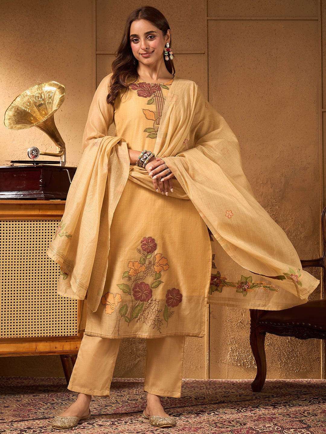 Janasya Women's Beige Chanderi Cotton Floral Jacquard Woven Straight Kurta Set
