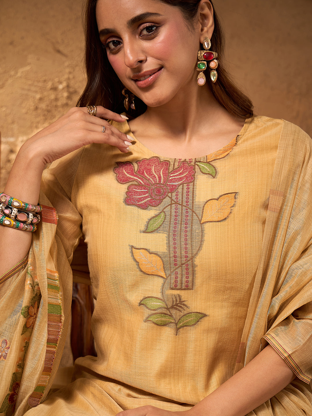 Janasya Women's Beige Chanderi Cotton Floral Jacquard Woven Straight Kurta Set