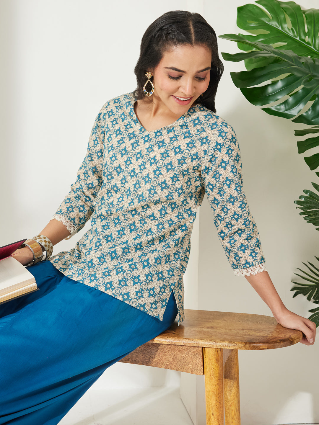 Janasya Women's Teal Blue & Beige Pure Cotton Geometric Foil Printed Straight Top