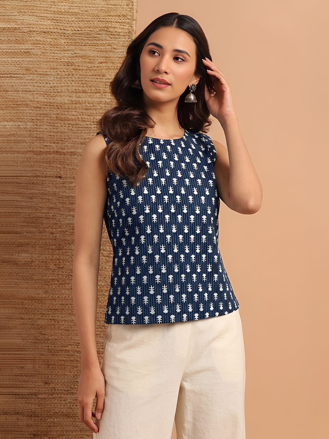 Janasya Women's Indigo Pure Cotton Ethnic Motifs Printed Straight Top