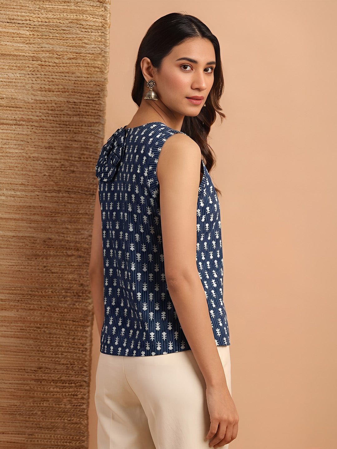 Janasya Women's Indigo Pure Cotton Ethnic Motifs Printed Straight Top