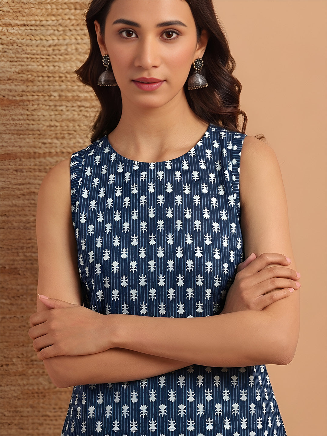 Janasya Women's Indigo Pure Cotton Ethnic Motifs Printed Straight Top