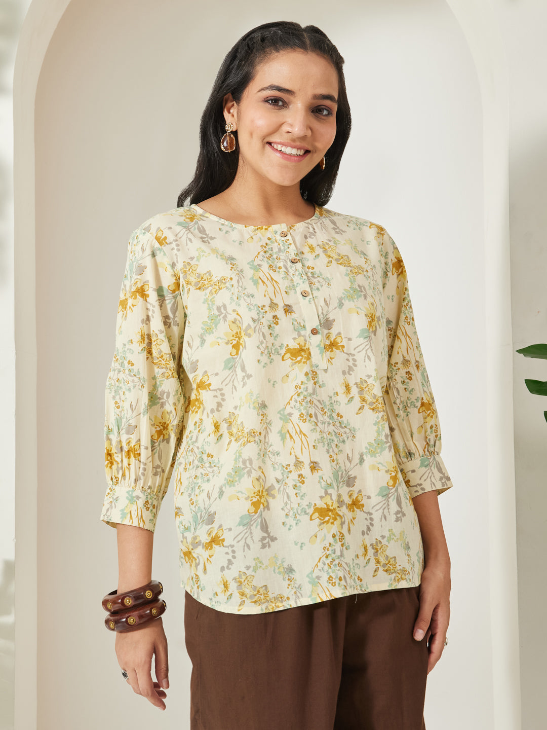 Janasya Women's Light Yellow Pure Cotton Floral Printed A-Line Top