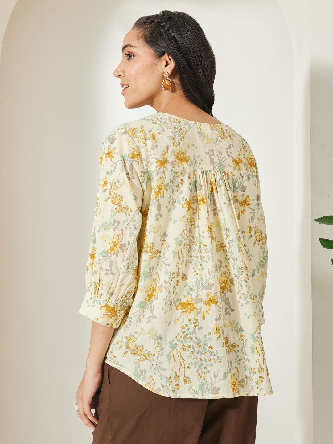 Janasya Women's Light Yellow Pure Cotton Floral Printed A-Line Top