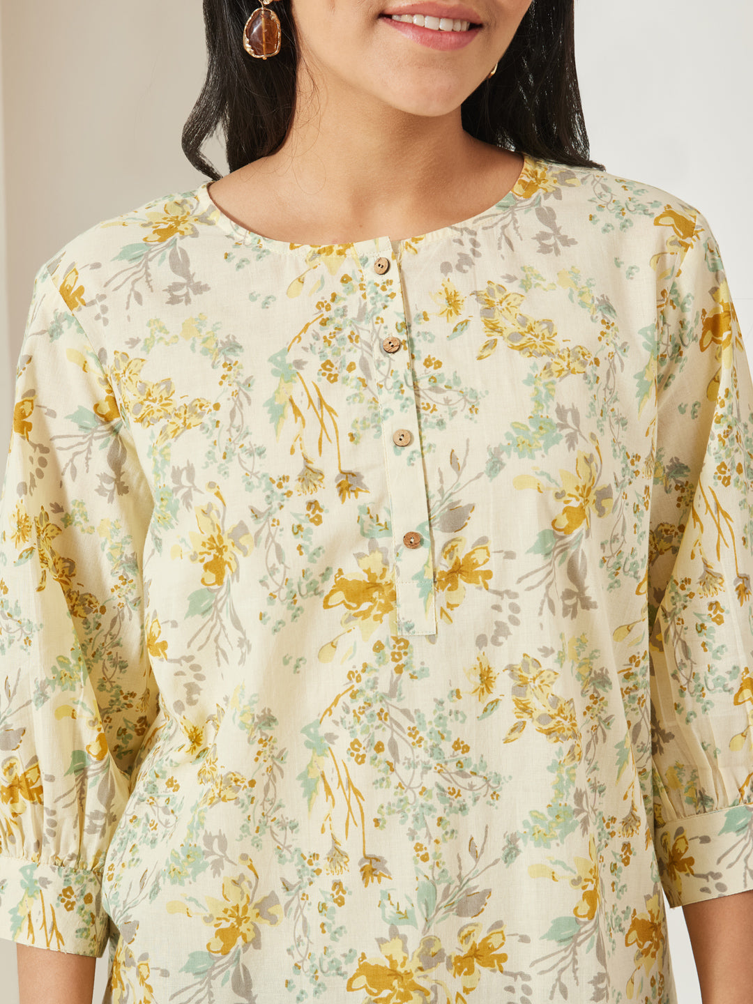 Janasya Women's Light Yellow Pure Cotton Floral Printed A-Line Top