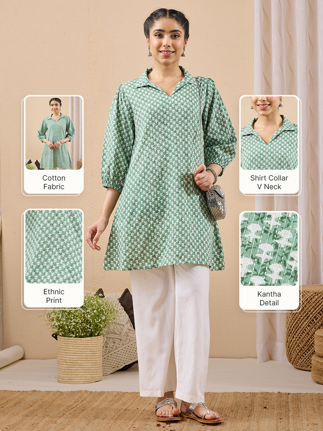 Janasya Women's Green Pure Cotton Ethnic Motifs Printed A-line Tunic