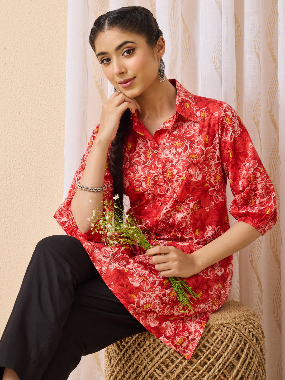 Janasya Women's Coral Pure Cotton Floral Printed A-line Tunic