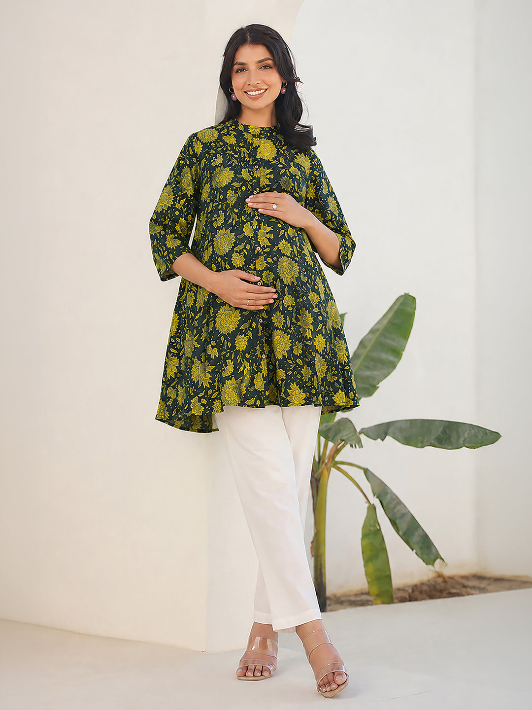 Janasya Women's Maternity Dark Green Pure Cotton Floral Printed A-Line Tunic