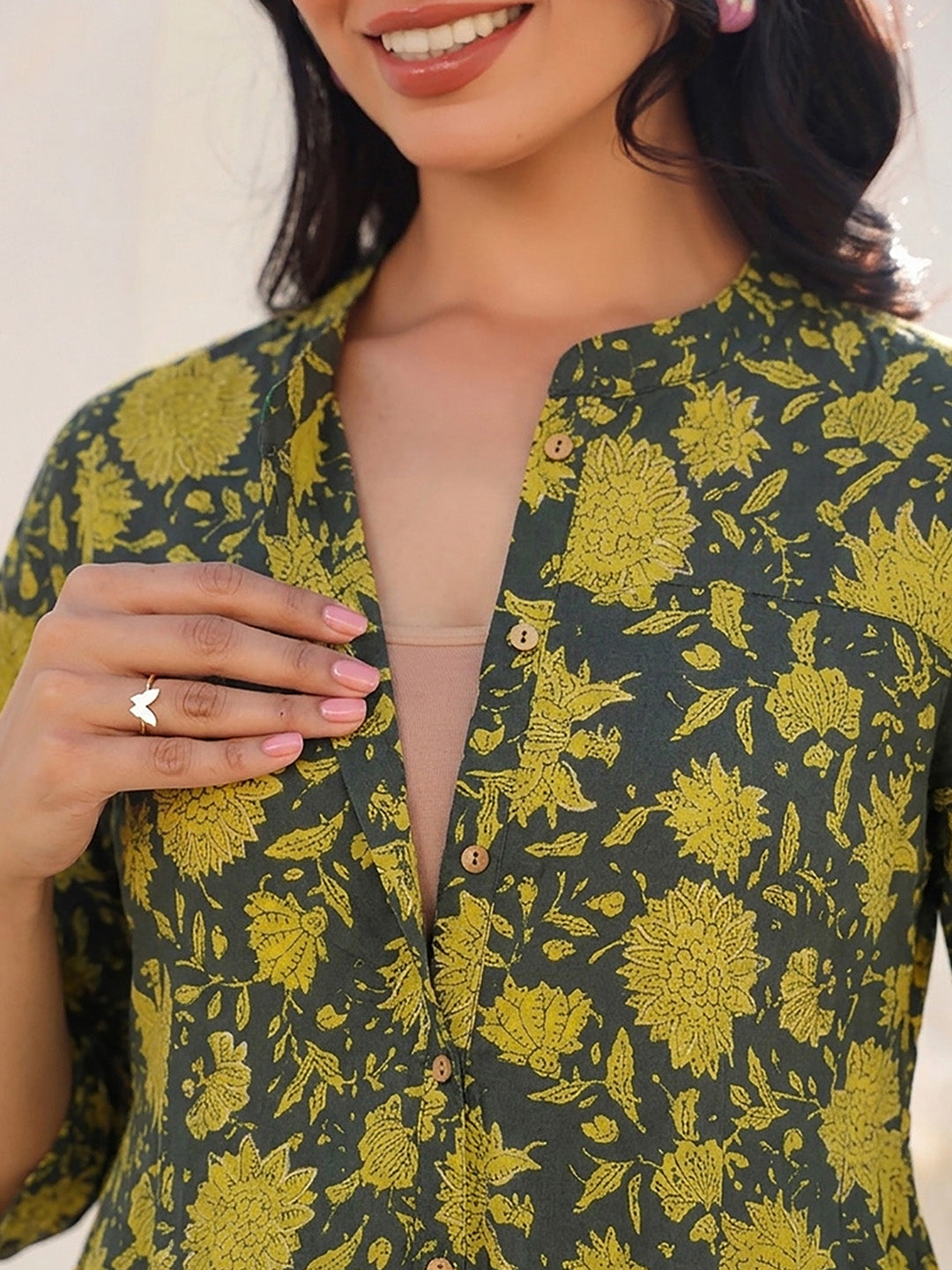 Janasya Women's Maternity Dark Green Pure Cotton Floral Printed A-Line Tunic