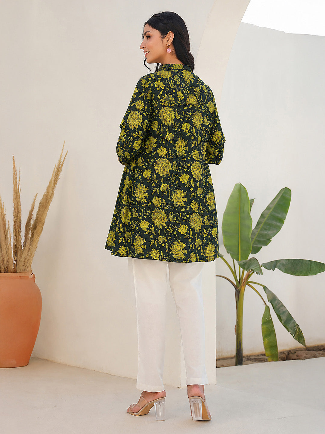 Janasya Women's Maternity Dark Green Pure Cotton Floral Printed A-Line Tunic