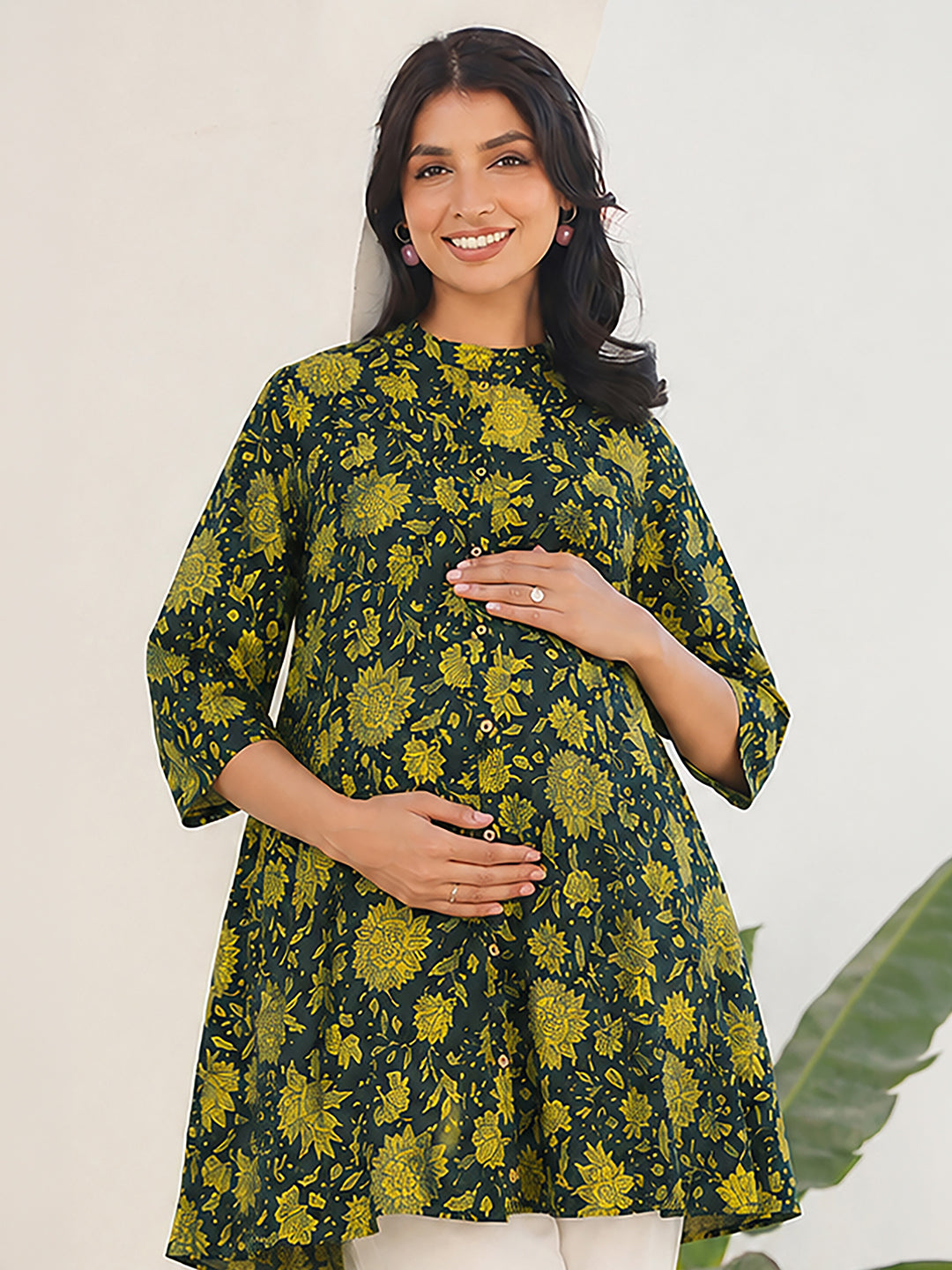 Janasya Women's Maternity Dark Green Pure Cotton Floral Printed A-Line Tunic