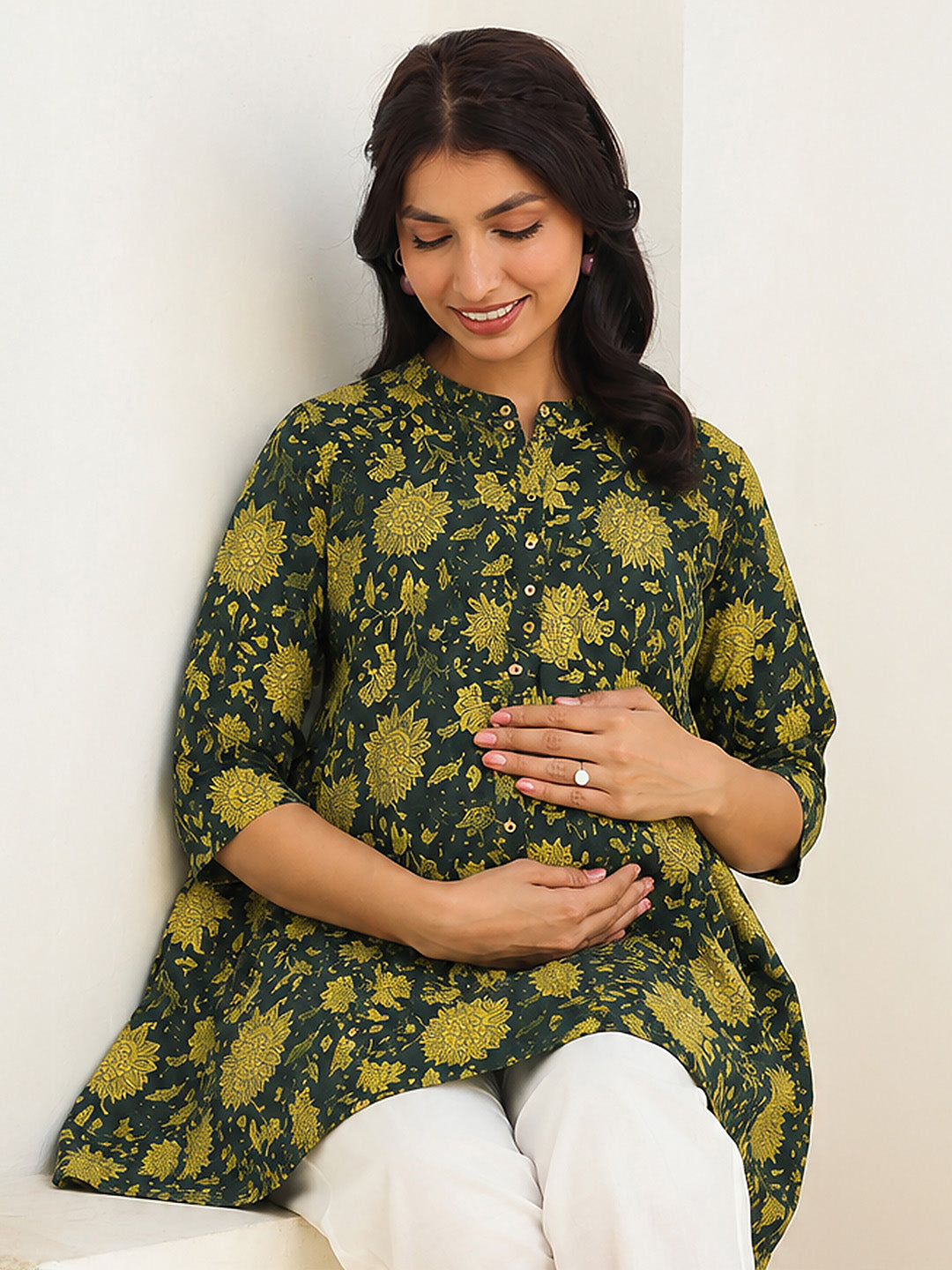 Janasya Women's Maternity Dark Green Pure Cotton Floral Printed A-Line Tunic