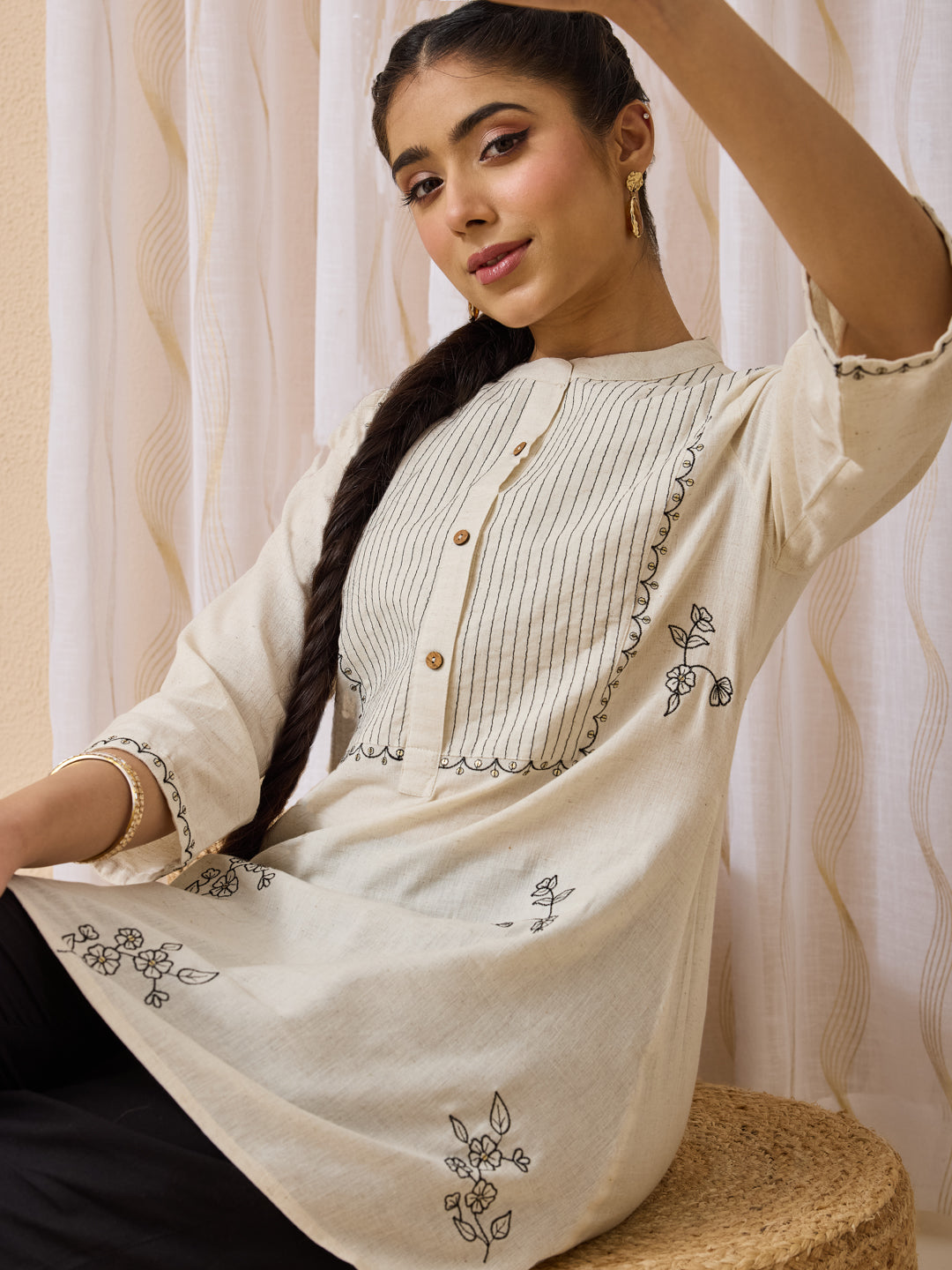 Janasya Women's Cream Linen Cotton Embroidered A-Line Tunic