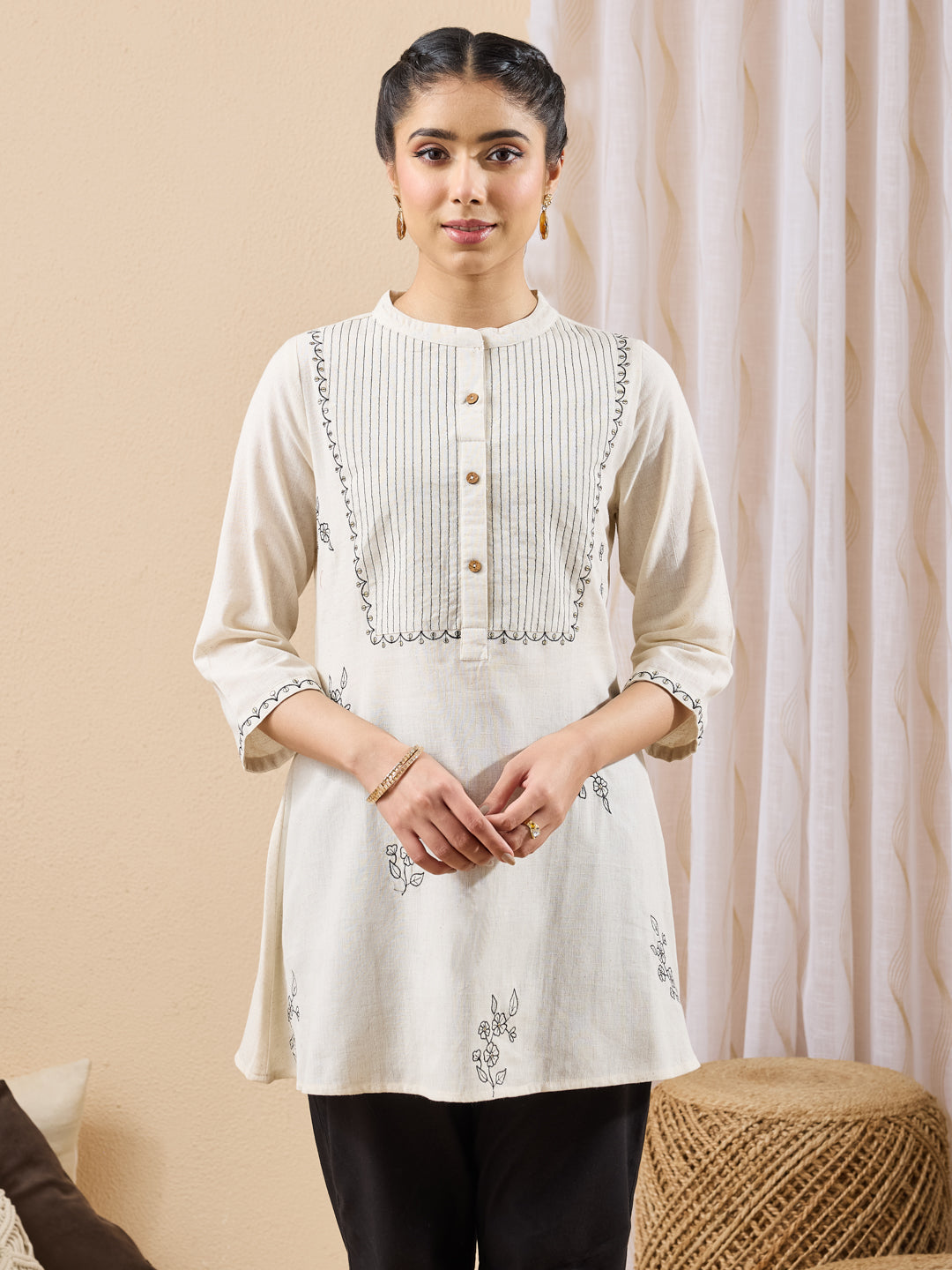Janasya Women's Cream Linen Cotton Embroidered A-Line Tunic