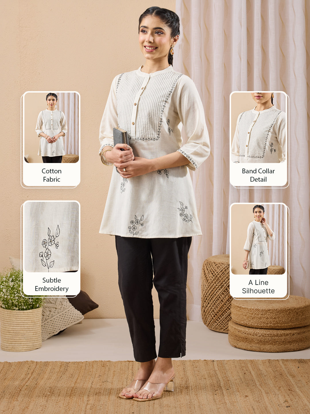 Janasya Women's Cream Linen Cotton Embroidered A-Line Tunic