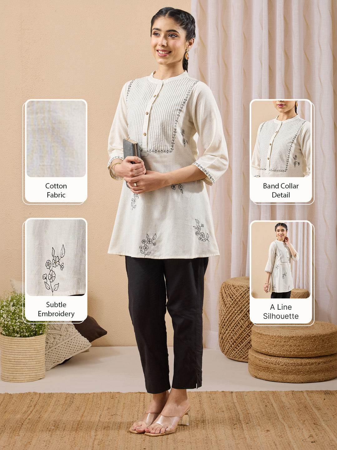 Janasya Women's Cream Linen Cotton Embroidered A-Line Tunic