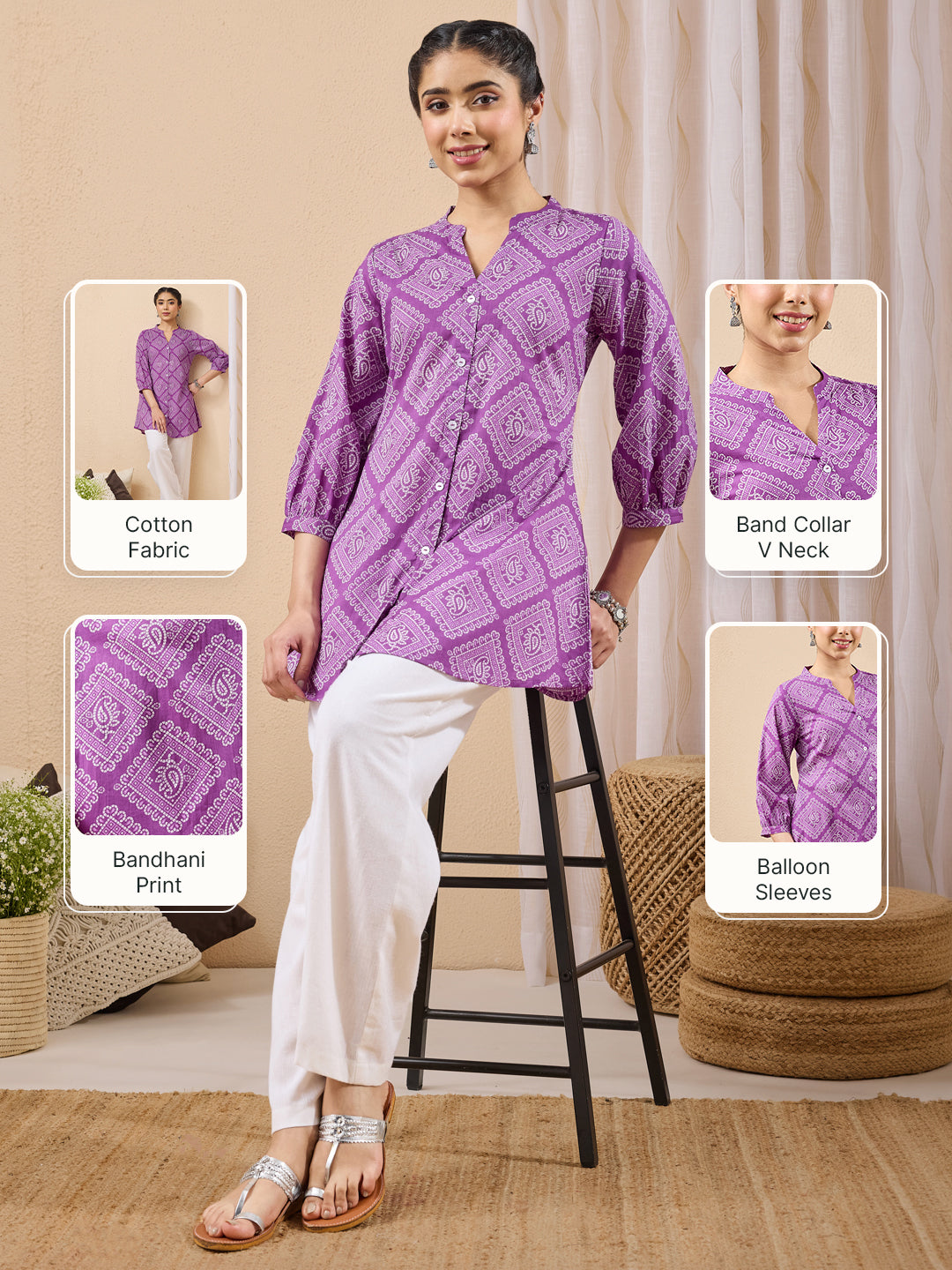 Janasya Women's Purple Pure Cotton Bandhani Printed A-line Tunic