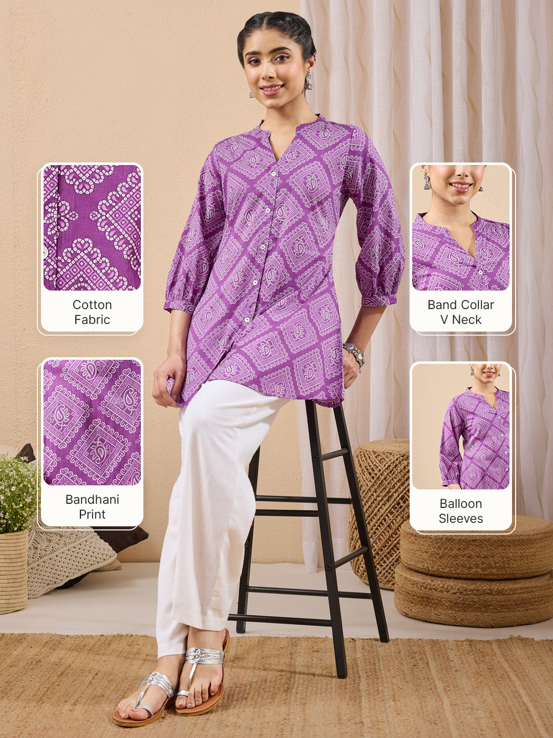 Janasya Women's Purple Pure Cotton Bandhani Printed A-line Tunic