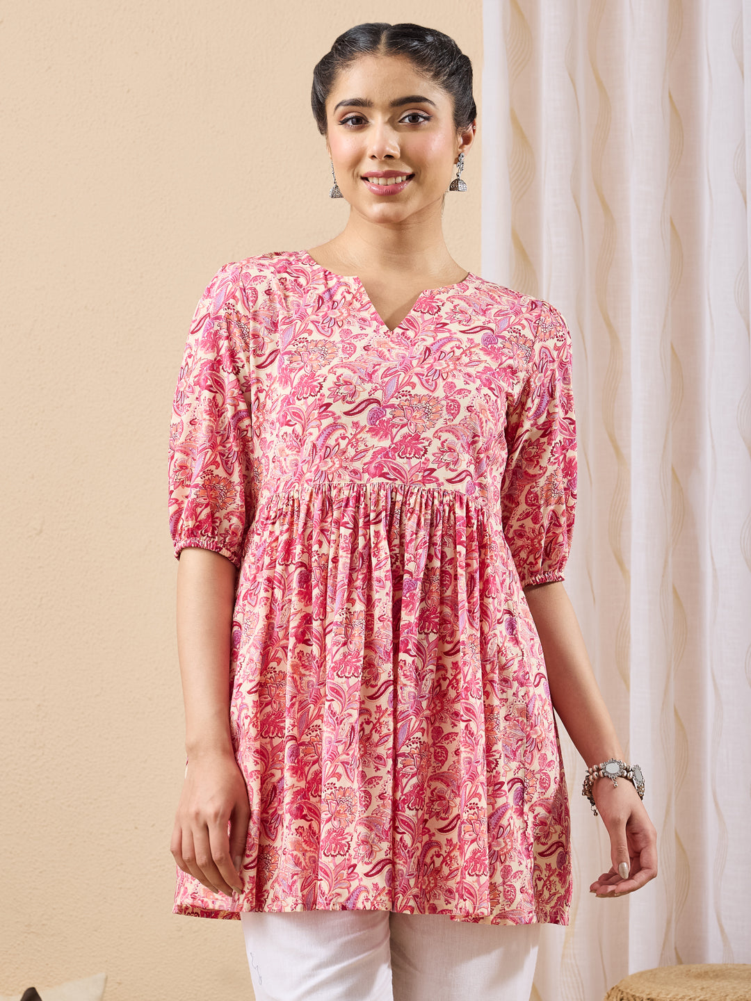 Janasya Women's Pink Pure Cotton Floral Printed A-line Tunic