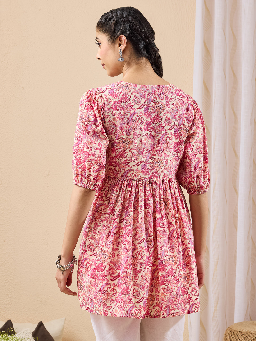 Janasya Women's Pink Pure Cotton Floral Printed A-line Tunic