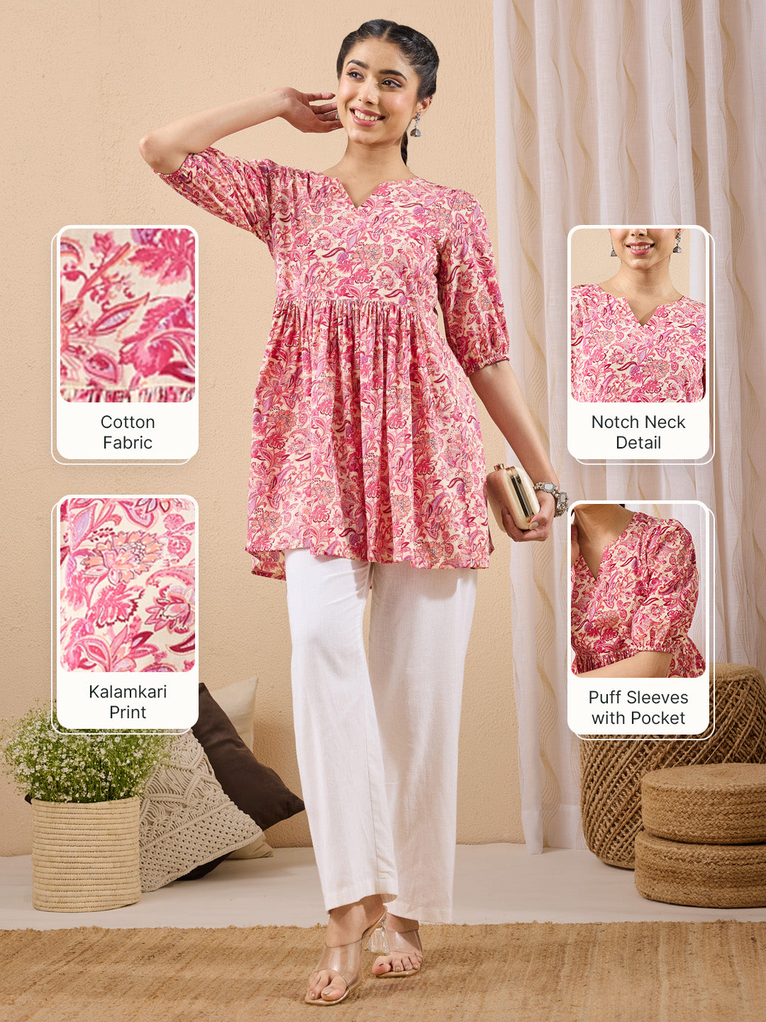 Janasya Women's Pink Pure Cotton Floral Printed A-line Tunic