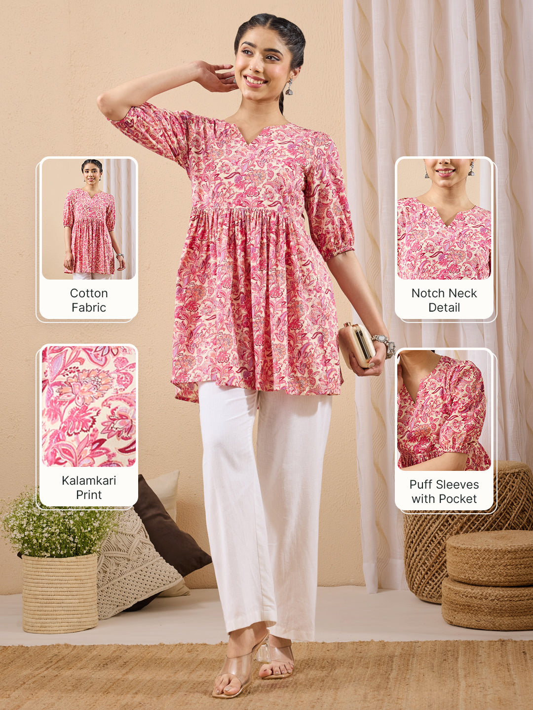 Janasya Women's Pink Pure Cotton Floral Printed A-line Tunic