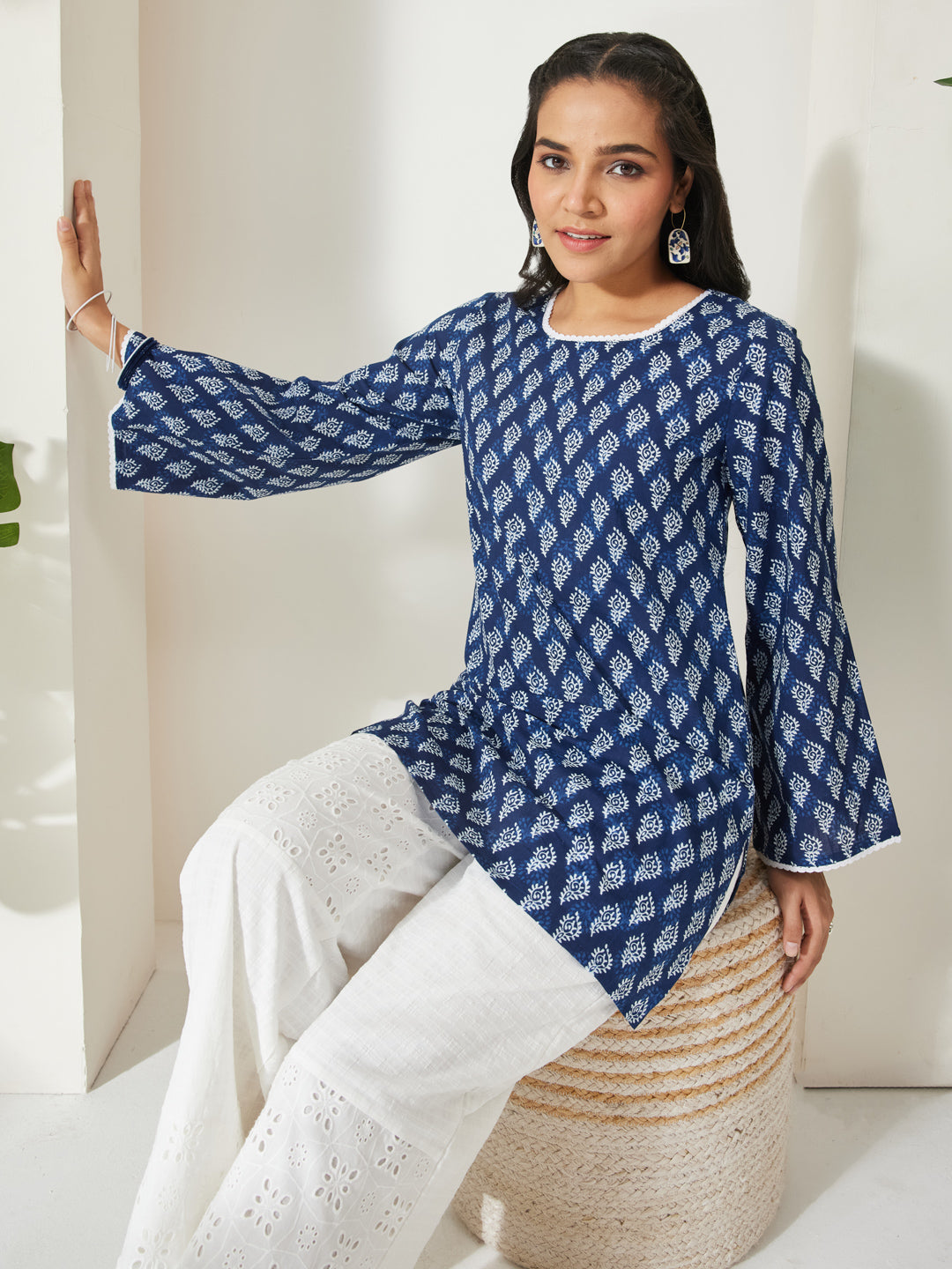 Janasya Women's Indigo Pure Cotton Batik Printed Straight Tunic