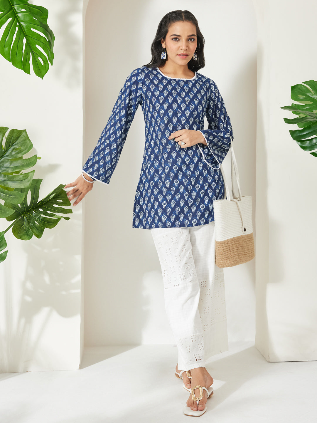Janasya Women's Indigo Pure Cotton Batik Printed Straight Tunic