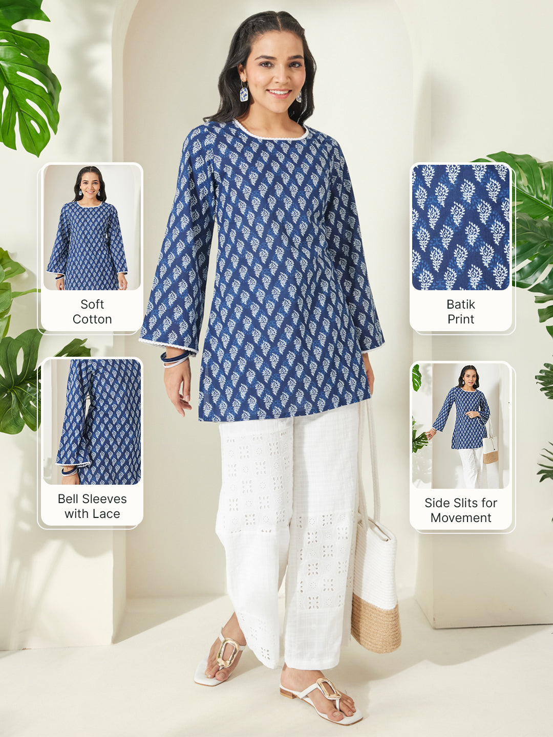 Janasya Women's Indigo Pure Cotton Batik Printed Straight Tunic